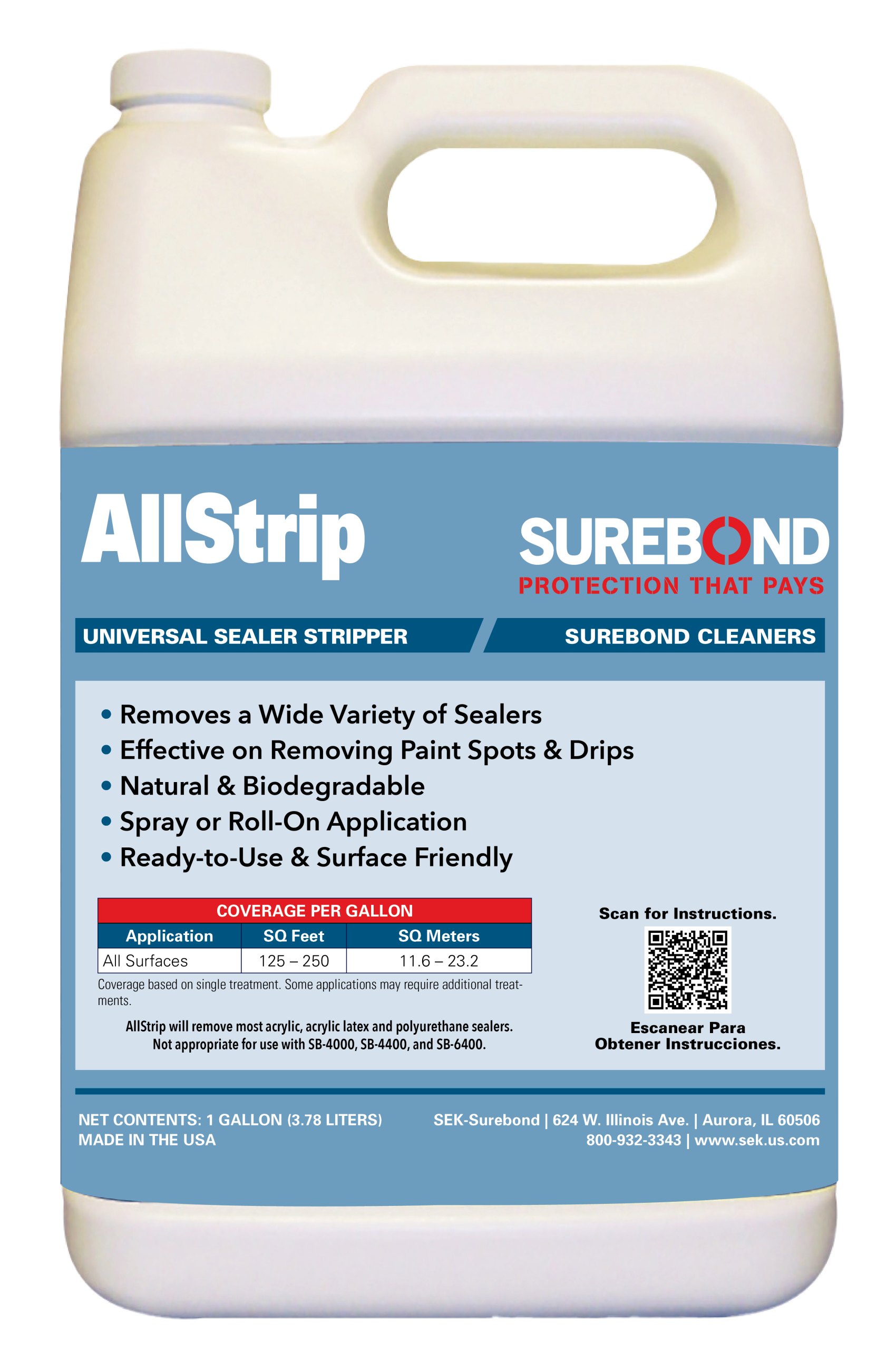 AllStrip_Gal_mockup White plastic gallon container labeled AllStrip Universal Sealer Stripper by SureBond, with product details on a blue label.